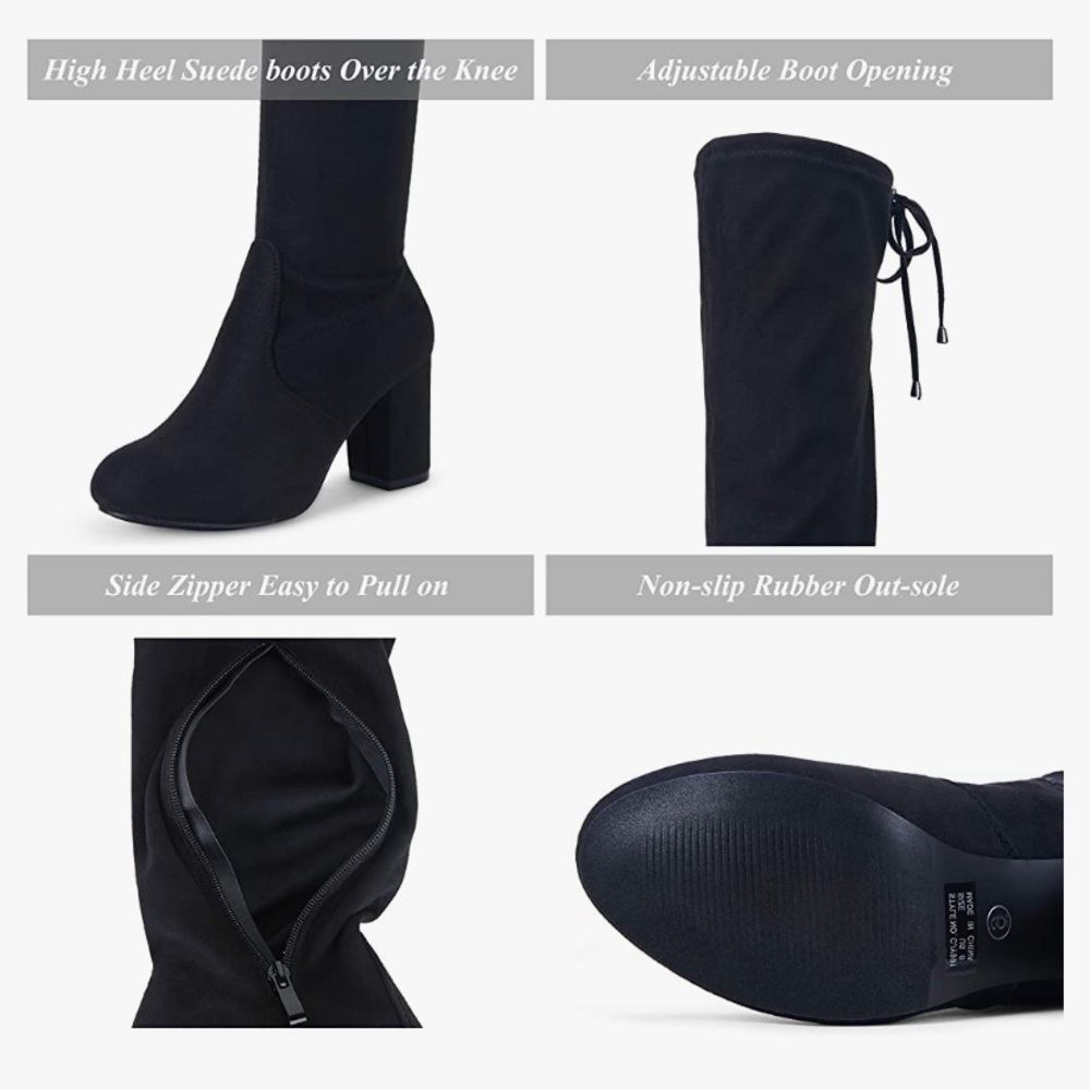 Heel Boots Over the Knee Vegan Suede Black Block Vepose NY Boho Retro Biker Goth - Picture 3 of 7